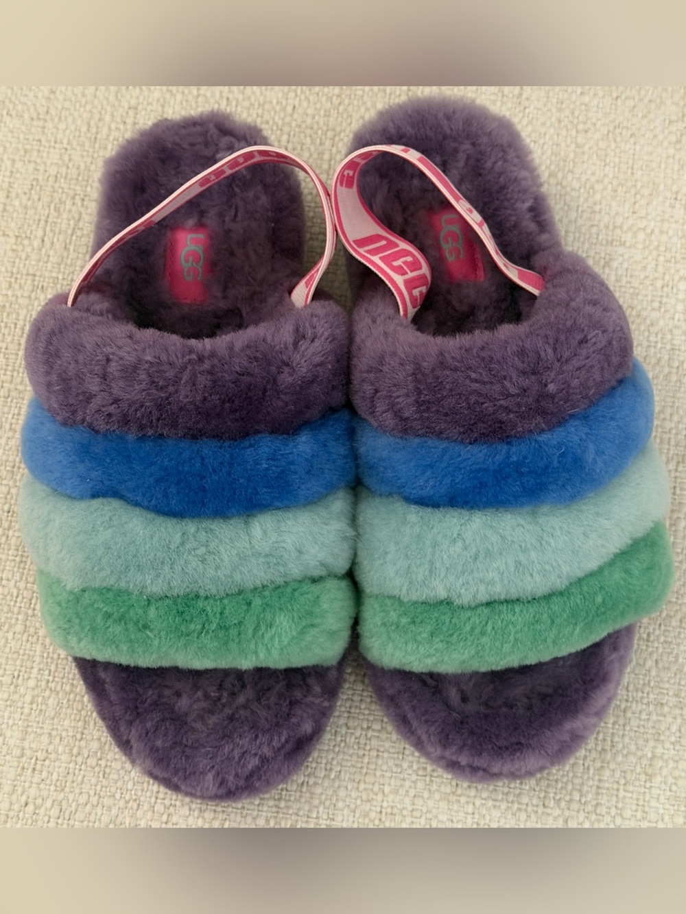 UGG Purple, Blue & Green Shearling Slide Sandals